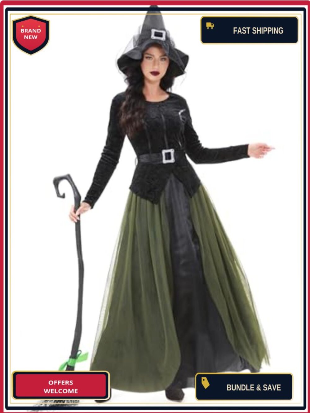 Witch Costume Set Long Dress Hat Belt Velvet Cosplay Halloween